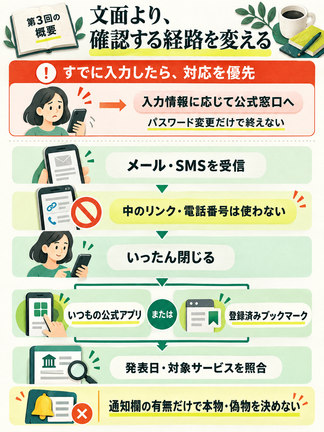 事件・公表の直後に届く「便乗メール・SMS」と本物の公式案内の見分け方――文面ではなく「確認する経路」を変える 2 第3回:メール・SMSの確認経路の概要図。受信メッセージから離れて公式経路で確認。入力済みの場合の対応は別のルート。